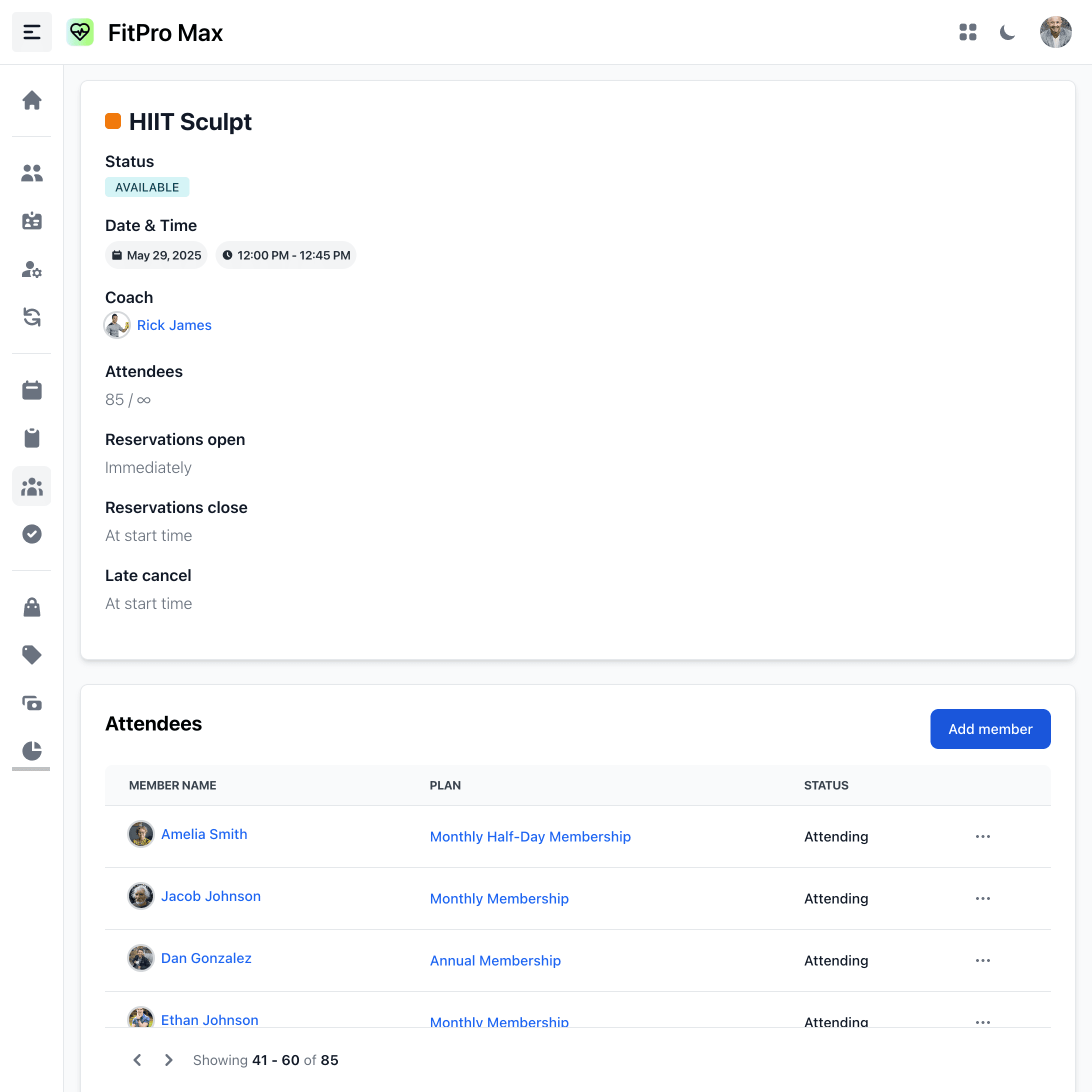 Boutique Fitness Class Management Screenshot
