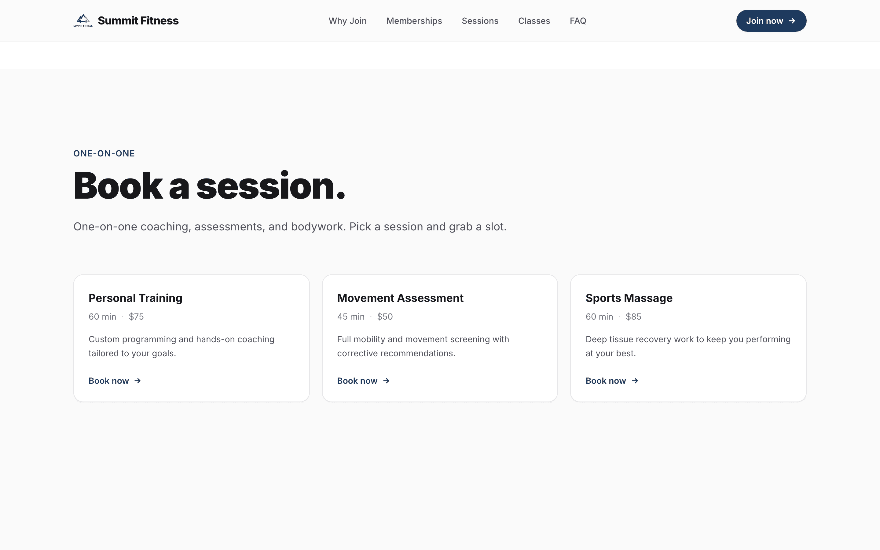 Gym website showing appointment booking for personal training