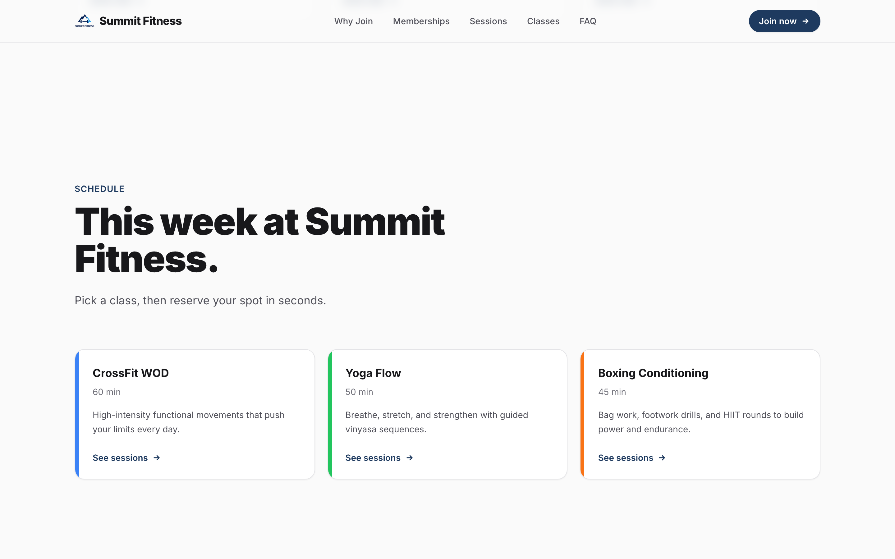 Gym website showing class schedule with booking options