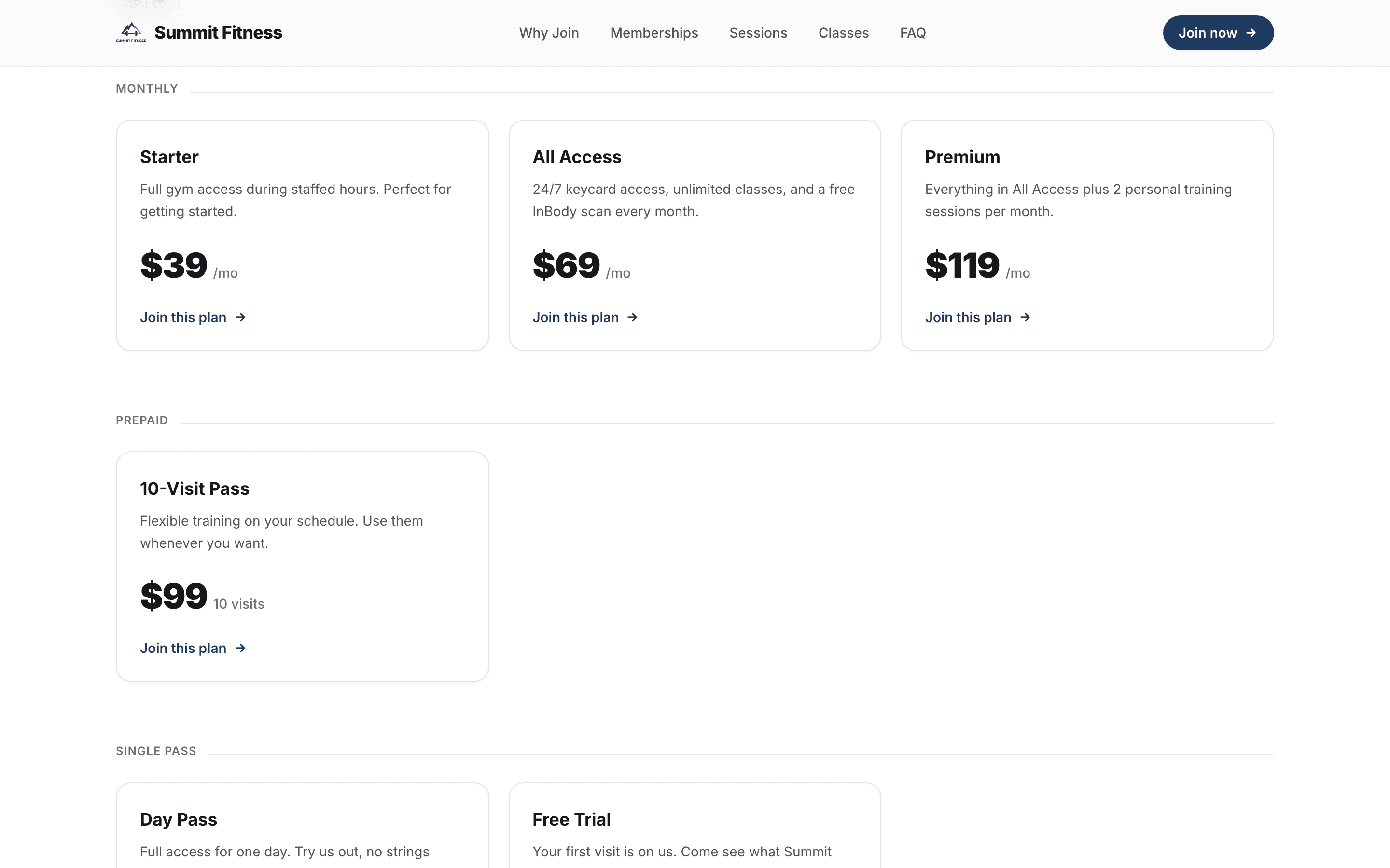 Gym website showing membership plans with online signup