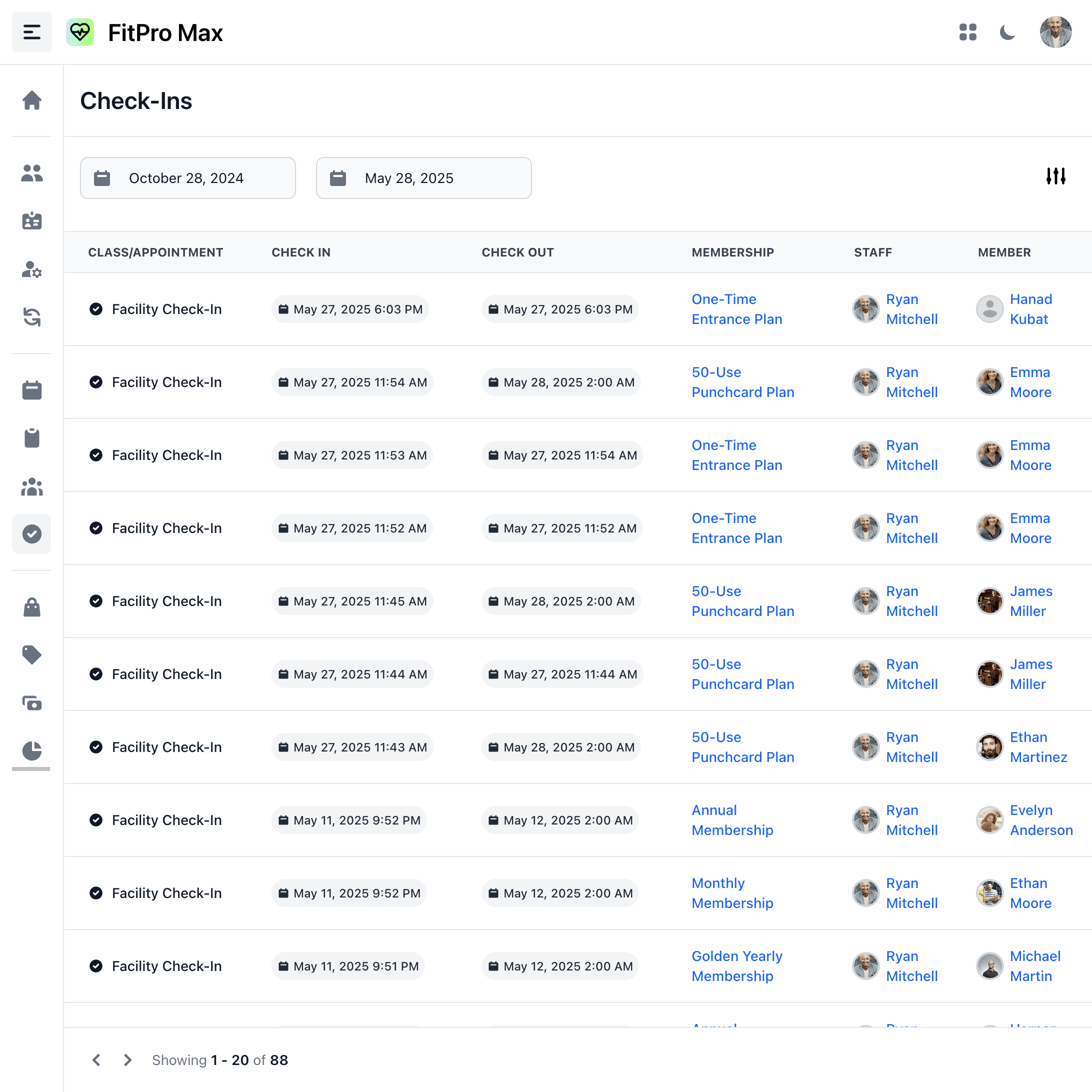 Screenshot of member attendance list