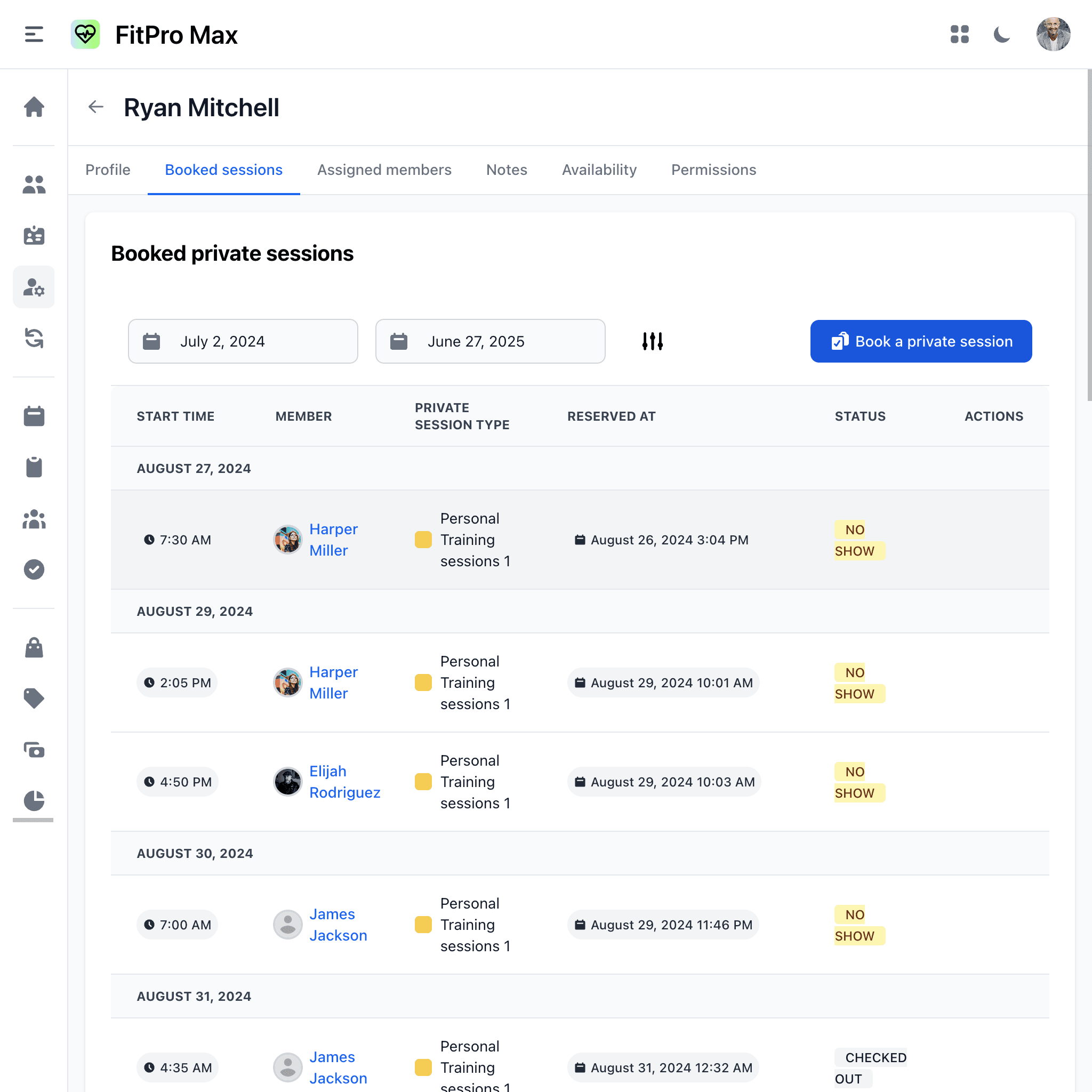 Web screenshot showing private session list