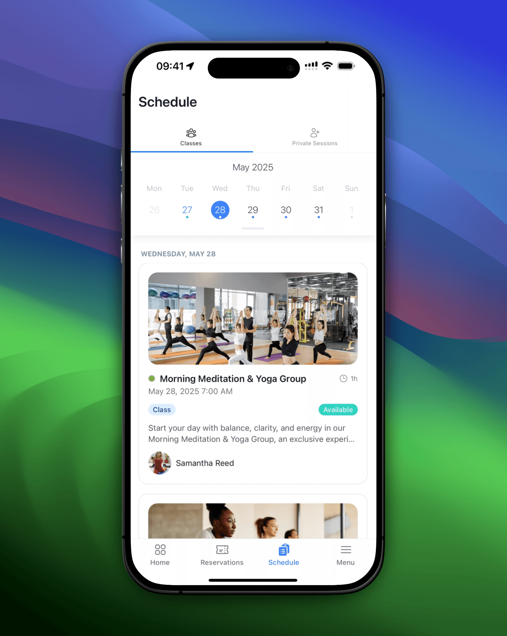 Mobile screenshot of class scheduling interface