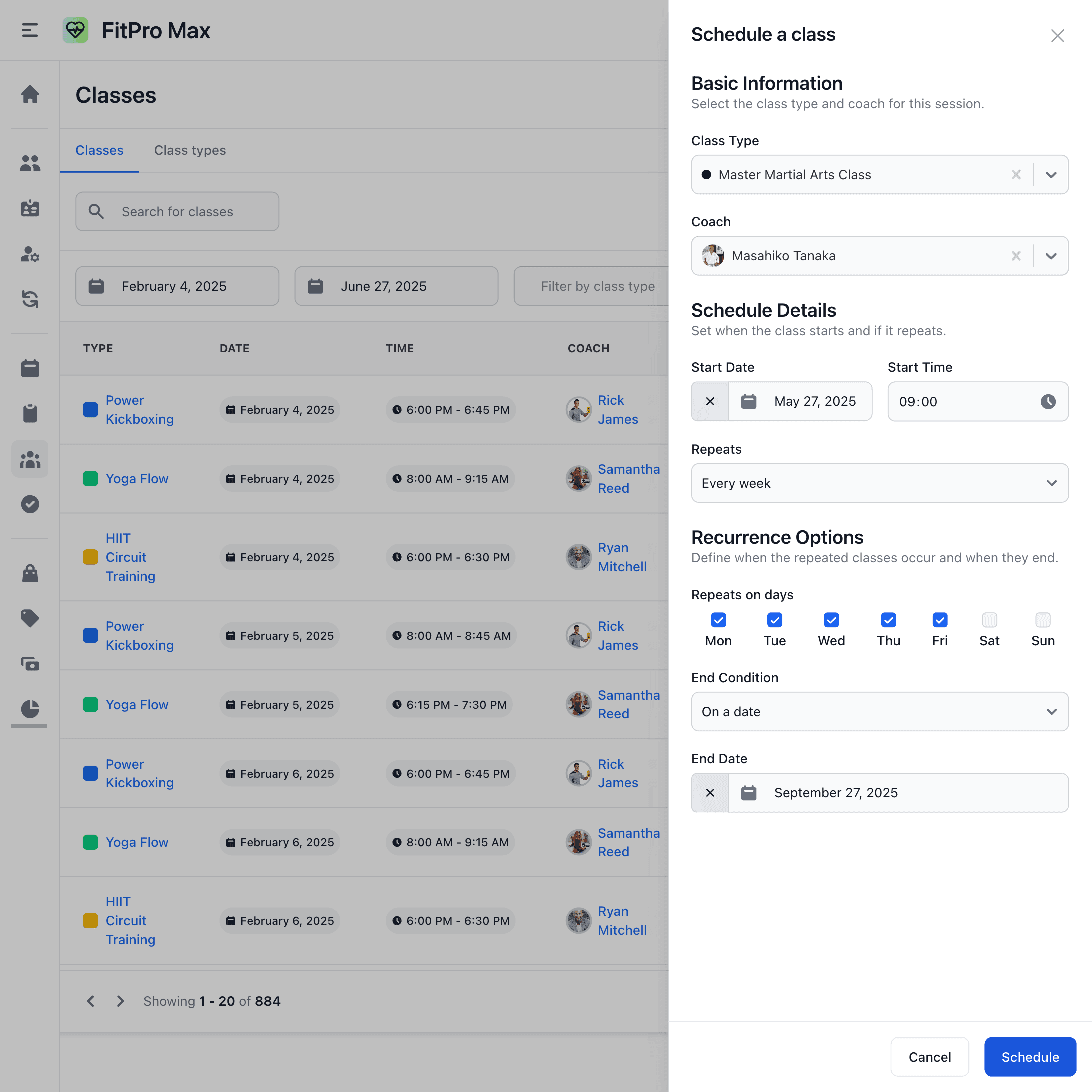 Captura de tela da interface de agendamento de aulas