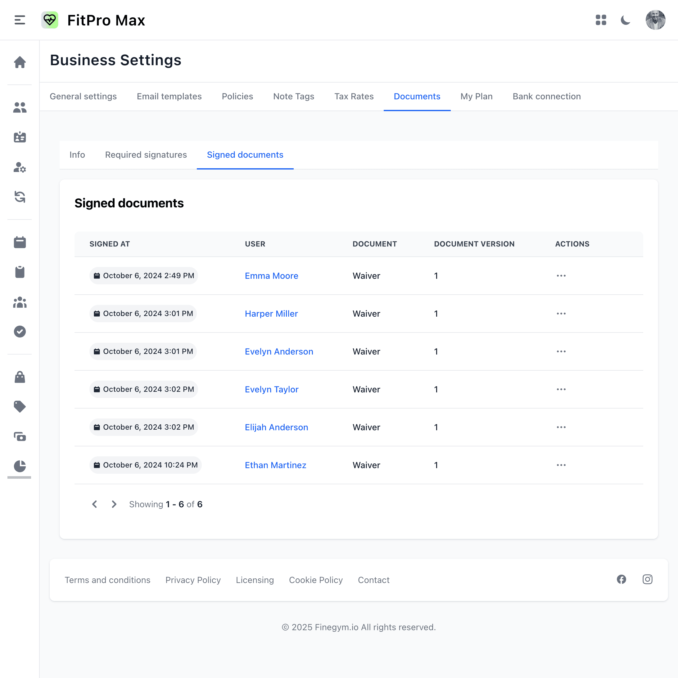 Screenshot of signed documents list on the web