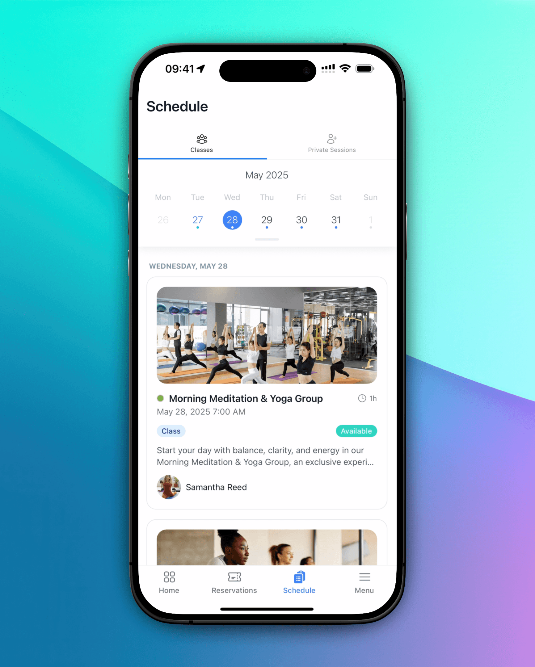 Mobile screenshot of available classes on the member app