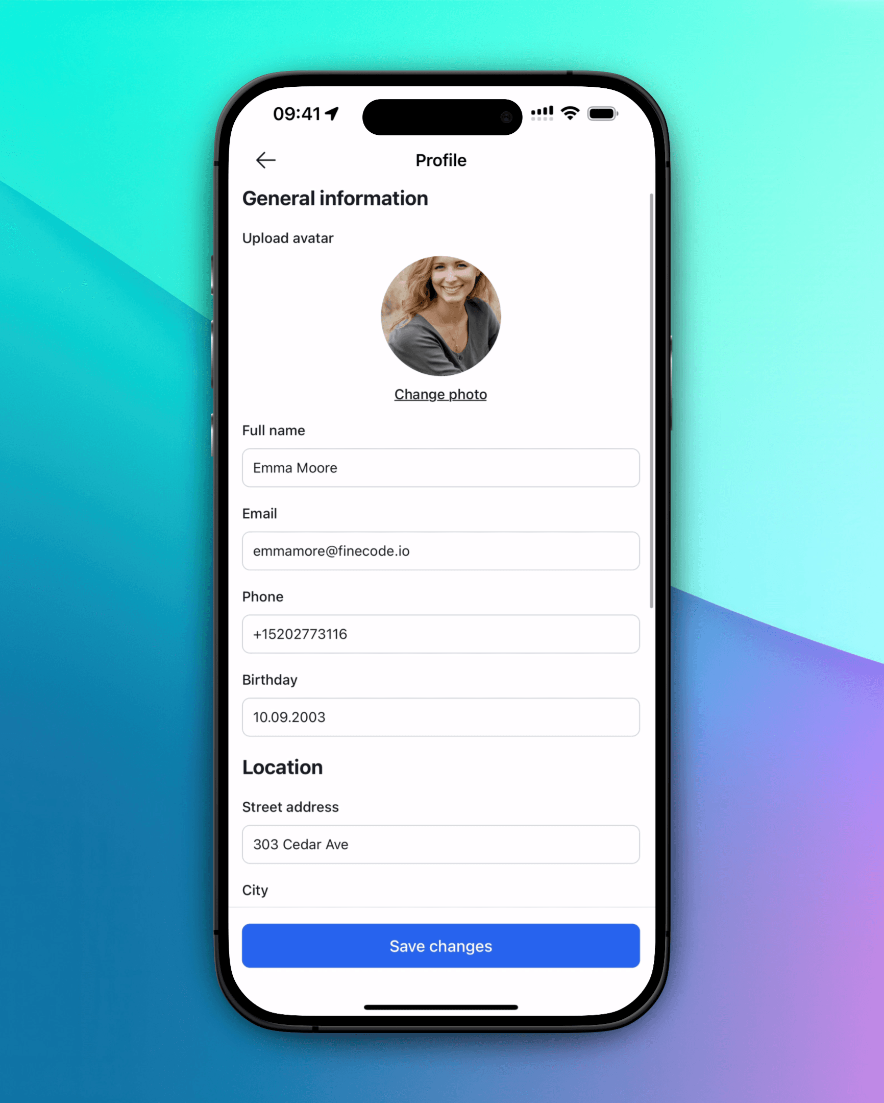 Captura de pantalla móvil de la función de edición de perfil en la aplicación para miembros