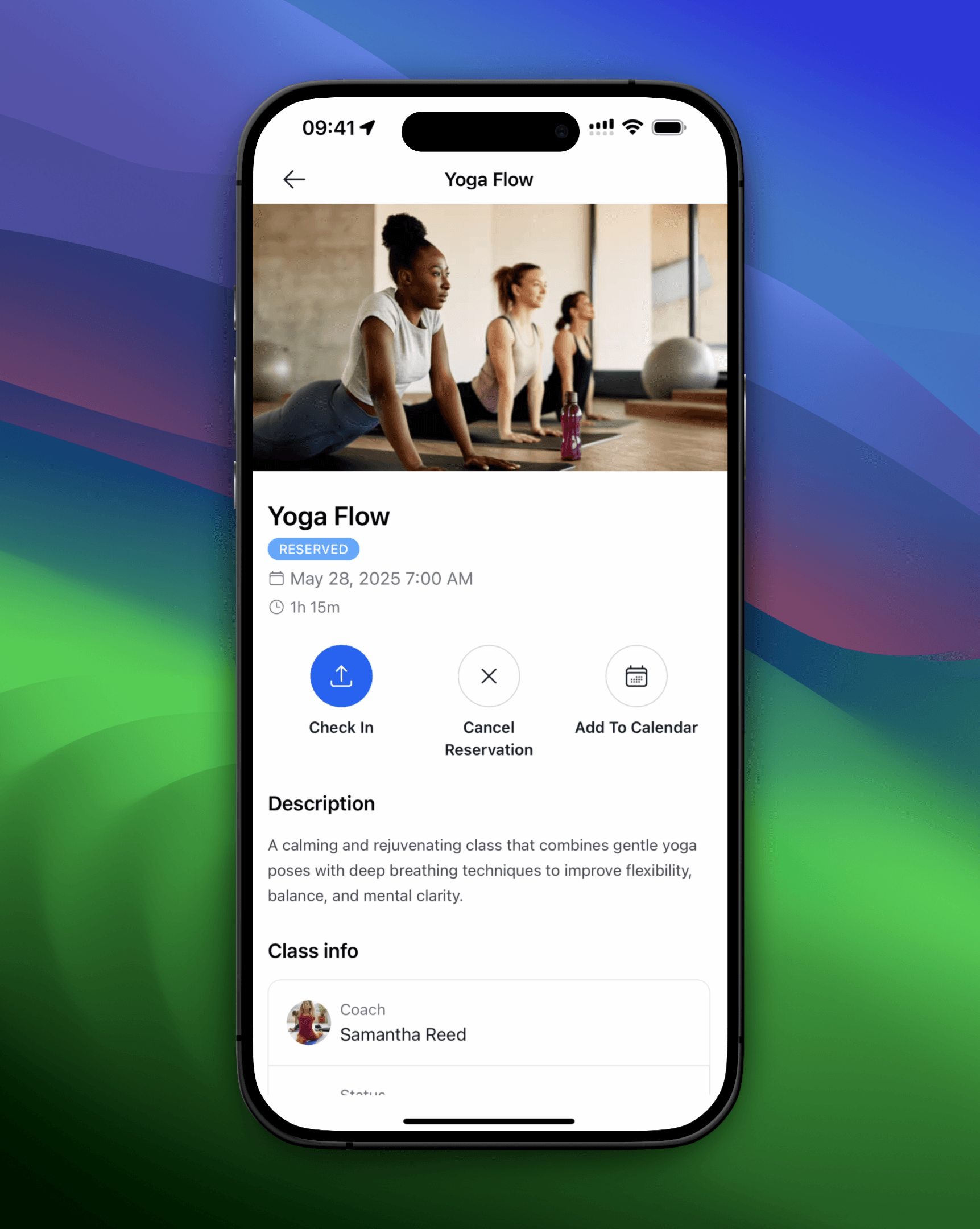 Mobile screenshot of a class details screen which is reserved by the member