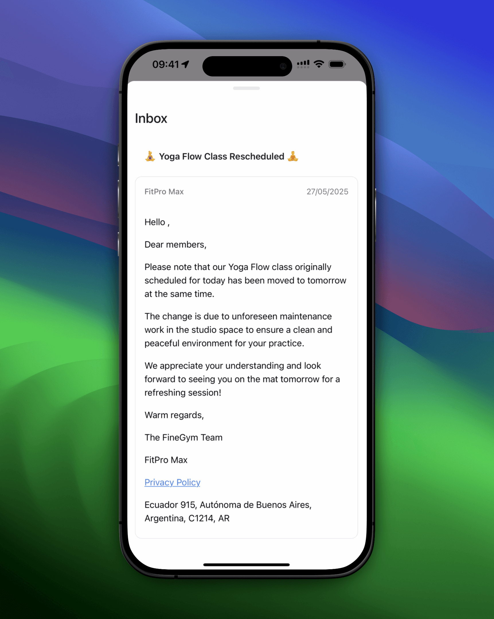 Mobile screenshot of a class rescheduled message