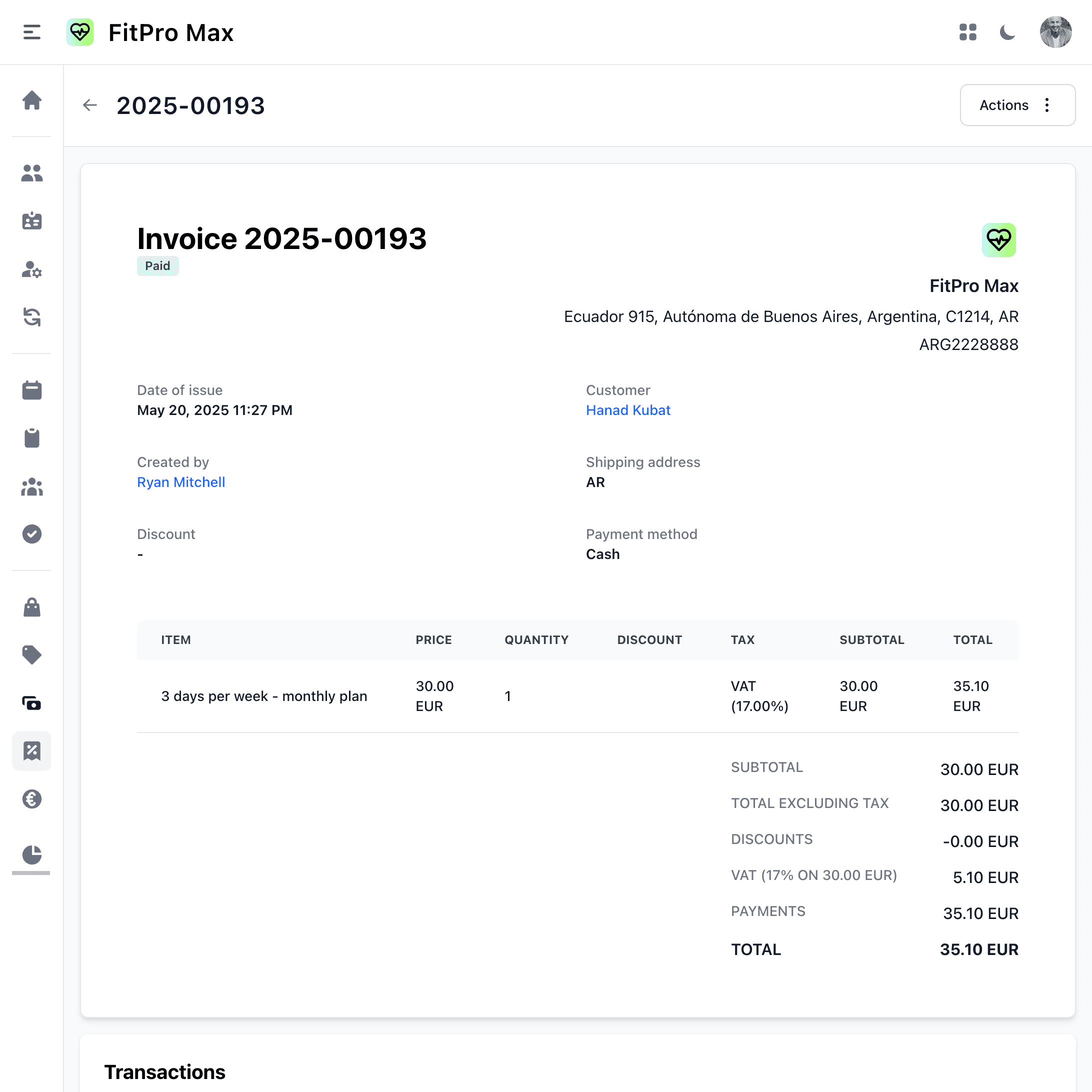Web screenshot showing invoice details