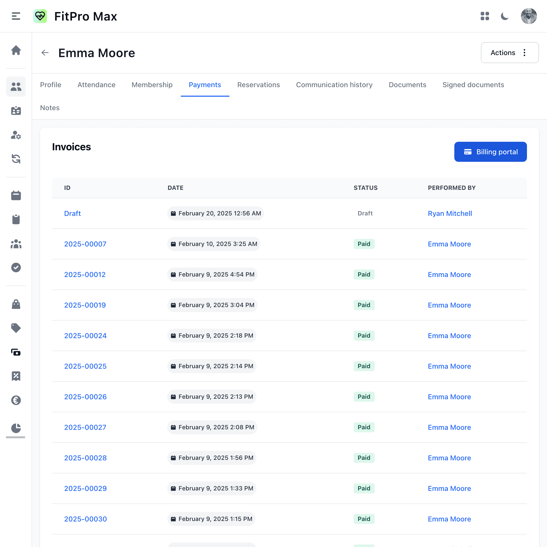 Web screenshot showing member payments section
