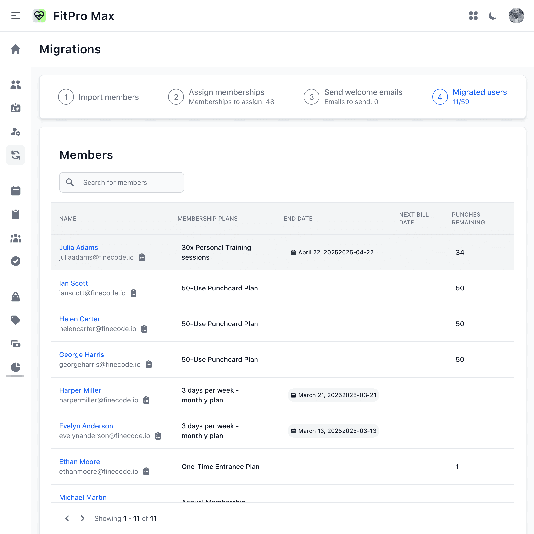 Finegym web screenshot of migration showing successfull import