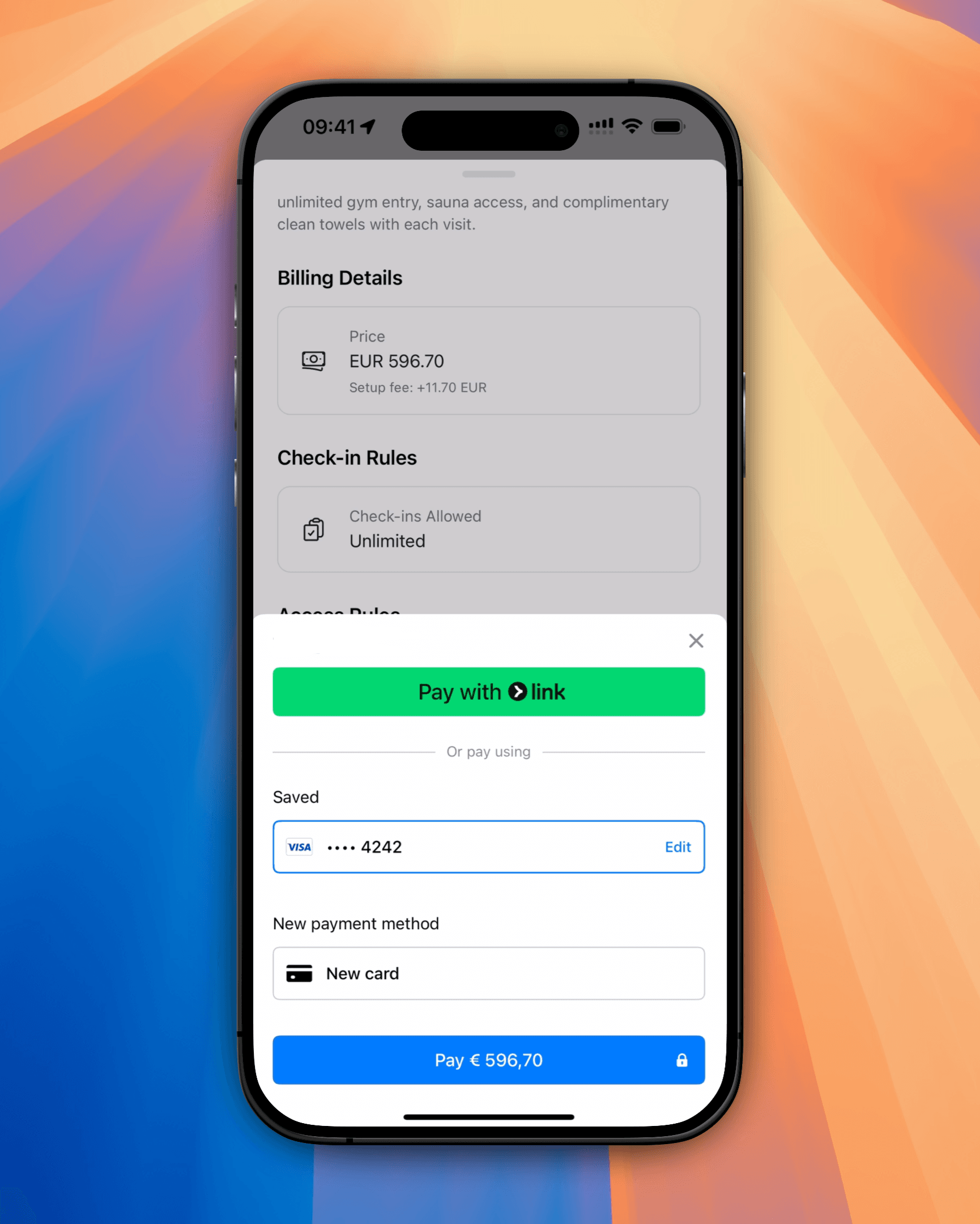 Screenshot of a membership plan purchase on the members app