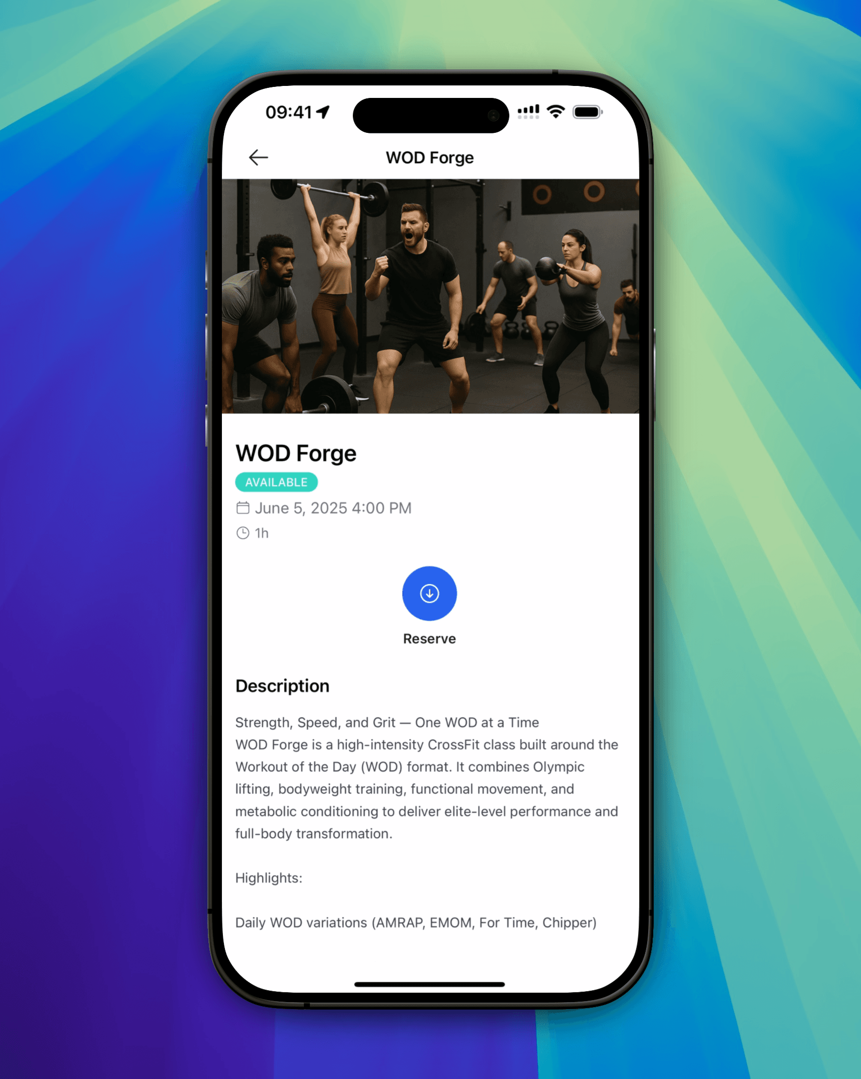 Captura de pantalla de la programación de clases de CrossFit en la aplicación para miembros