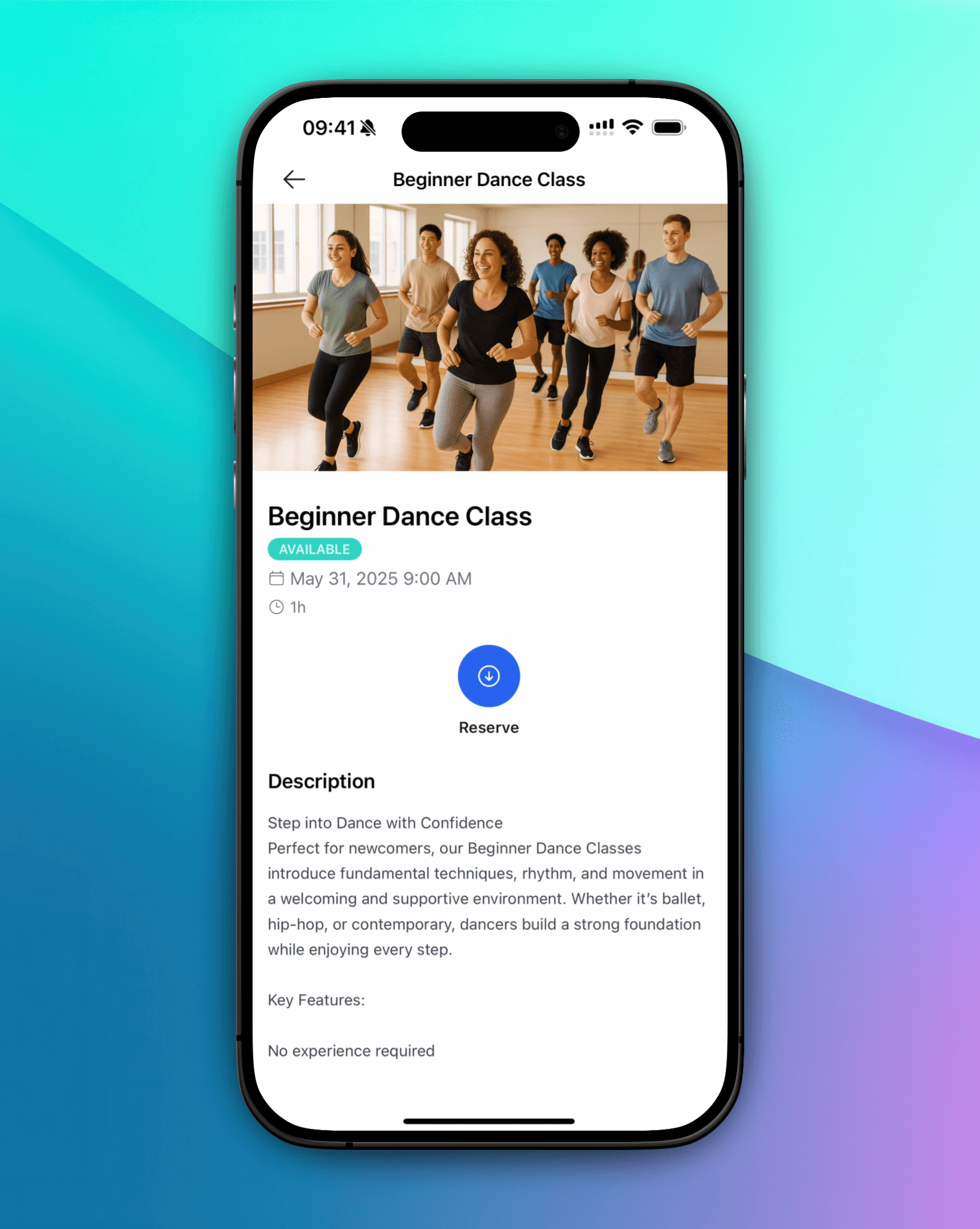 Captura de pantalla móvil de las clases de baile disponibles en la aplicación para miembros