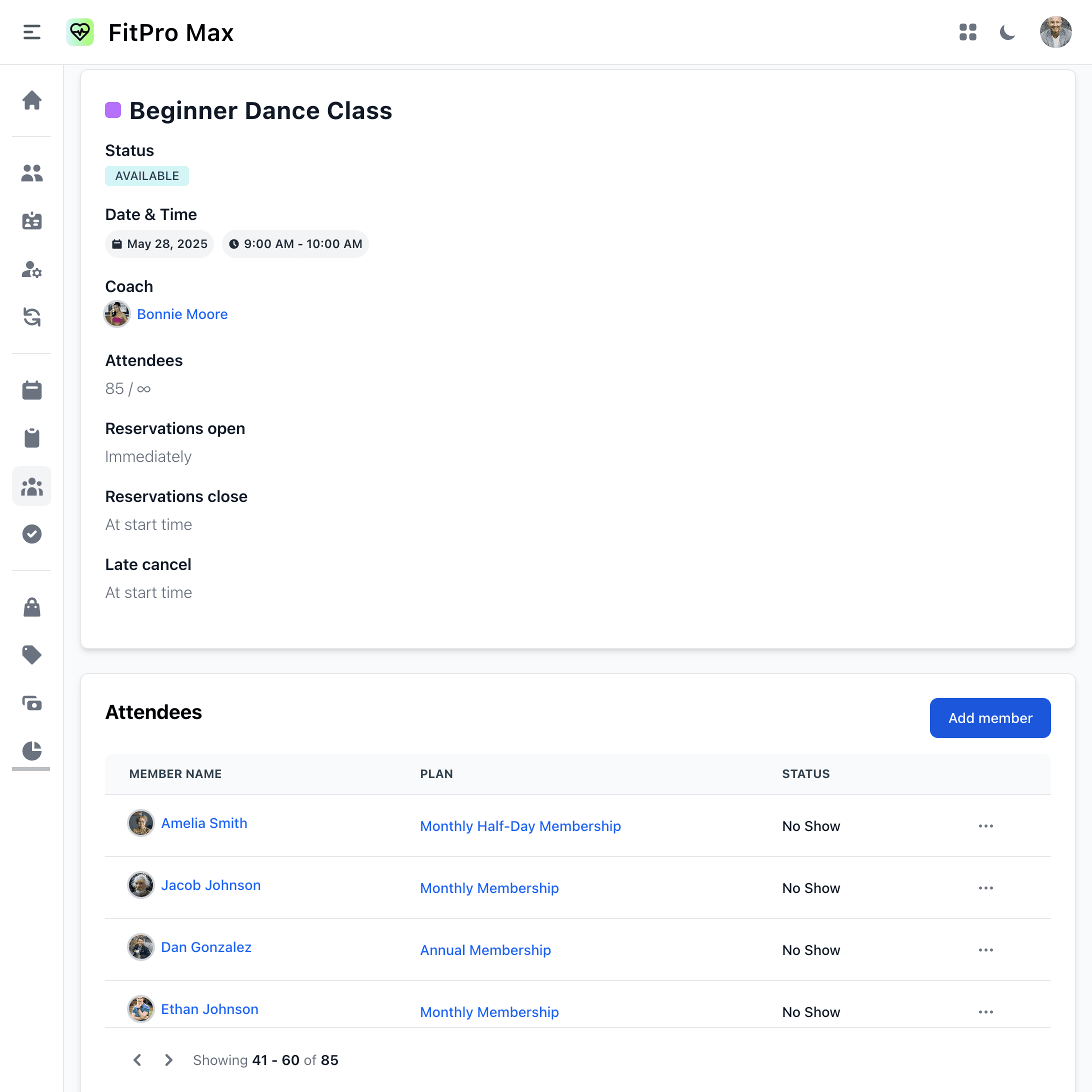 Mobile screenshot of available dance classes on the member app
