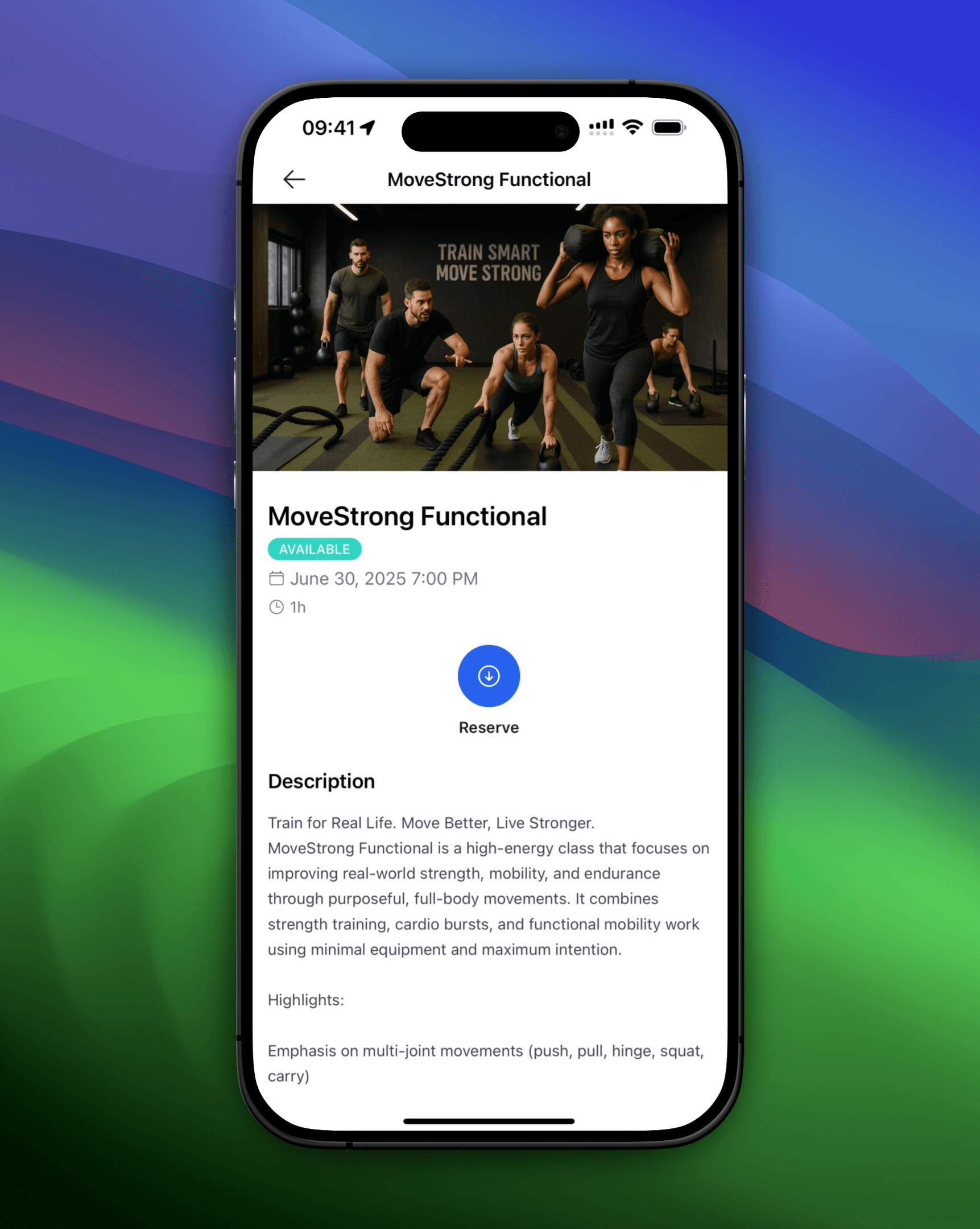 Mobile screenshot of available dance classes on the member app